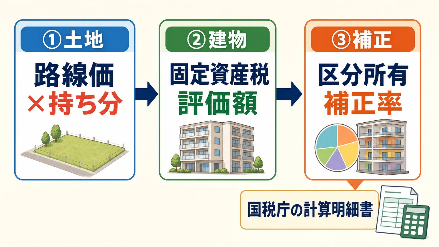 土地・建物・補正の3ステップで相続税評価額を計算する流れを示すフロー図解