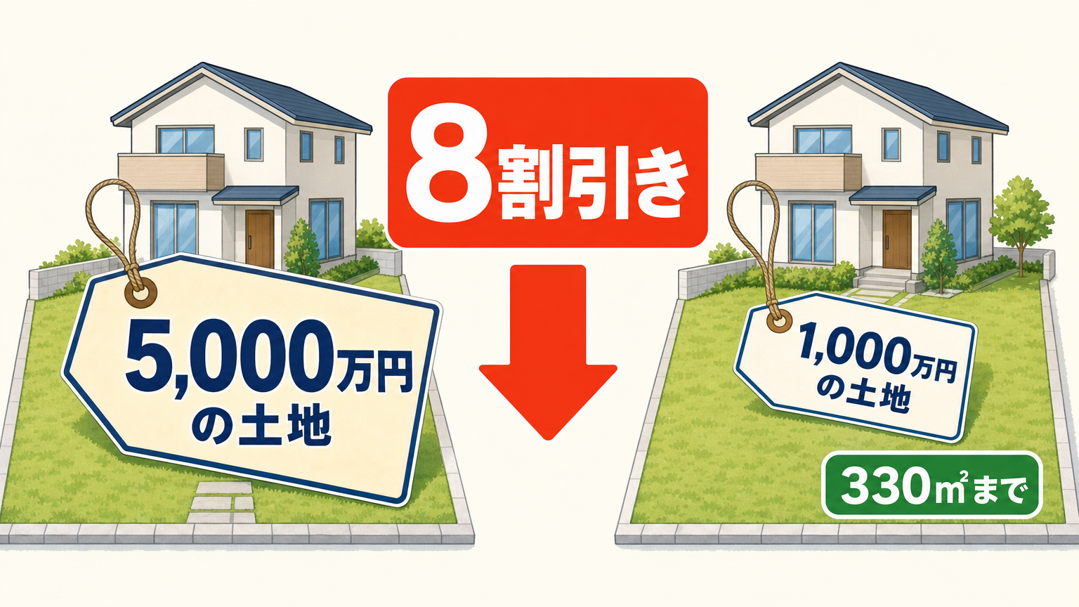 5,000万円の土地の値札が8割引きで1,000万円の土地の値札に掛け替わる対比図解（330㎡まで）