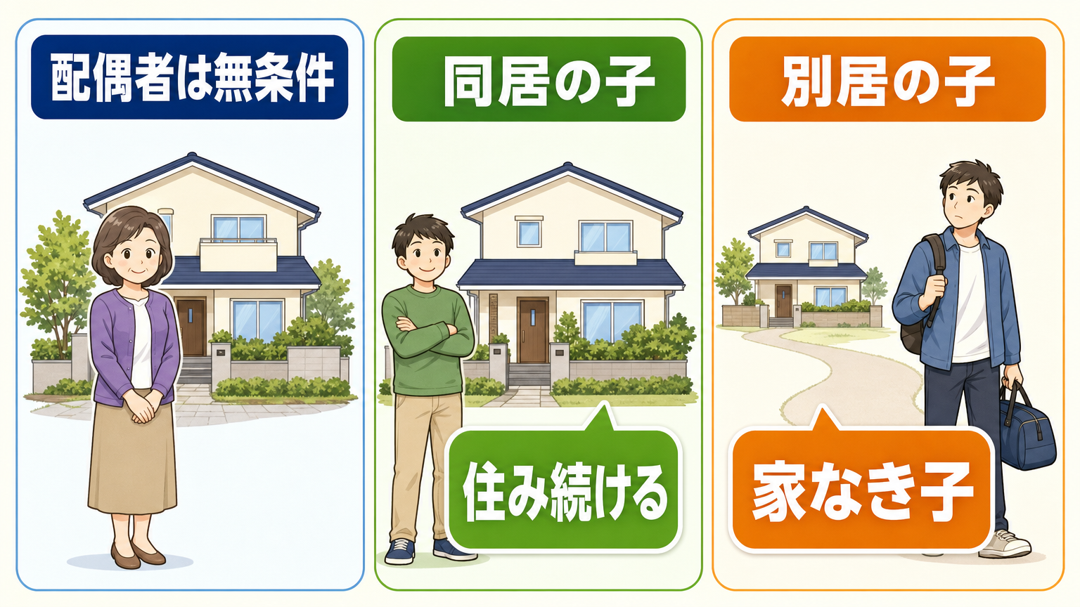 配偶者は無条件・同居の子は住み続ける・別居の子は家なき子という3パネルの取得者診断図解