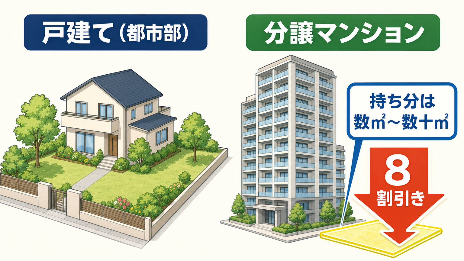 戸建てと分譲マンションの土地を比べ、マンションの小さな持ち分に8割引きが効くことを示す対比図解
