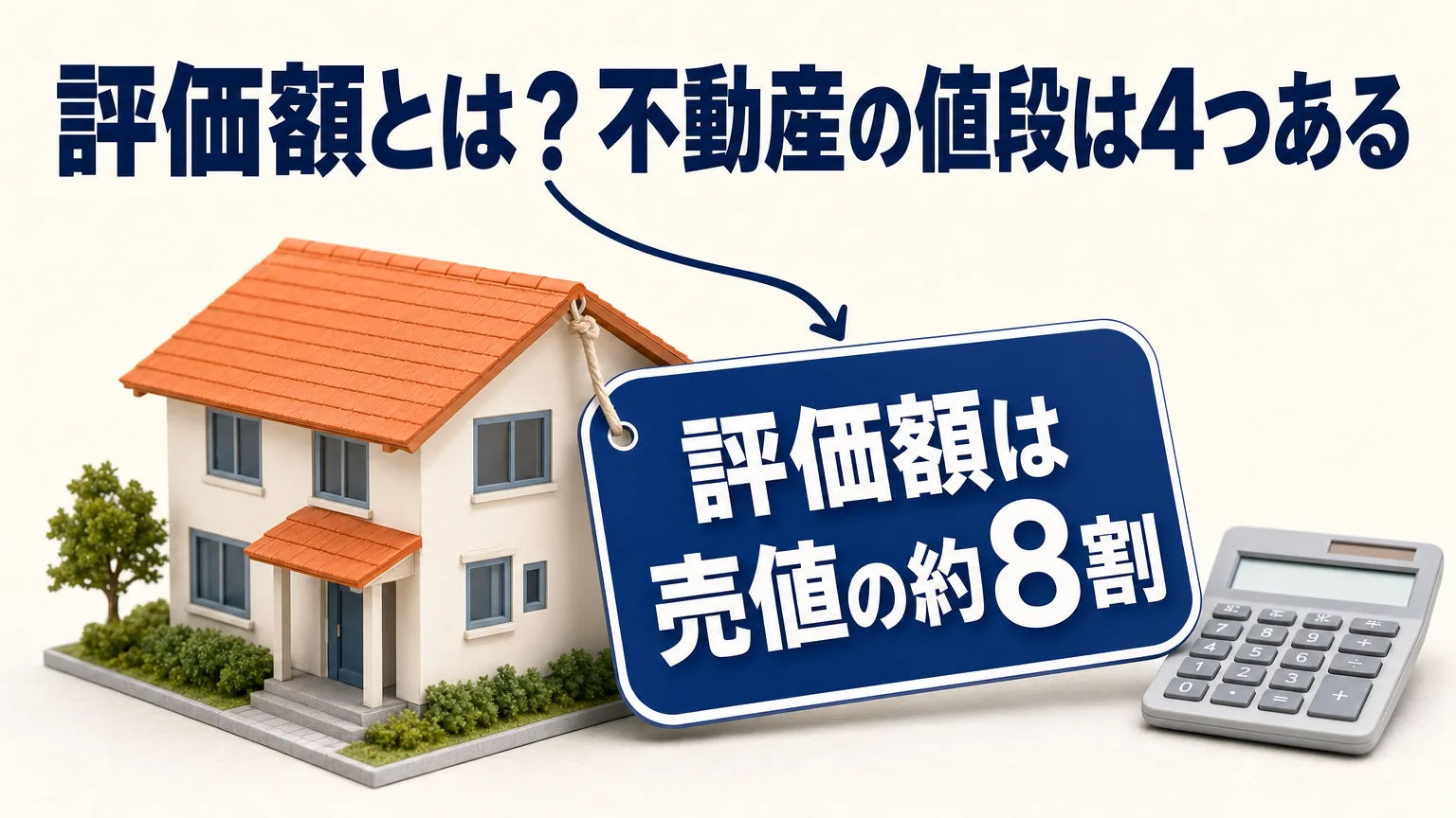 評価額とは？不動産の値段は4つある——白いデスクの家の模型の軒先から下がる値札が「評価額は売値の約8割」という答えを示すイラスト。同じ家に、売値とは別の税金用の値段があることを表し、かたわらに電卓が置かれている。