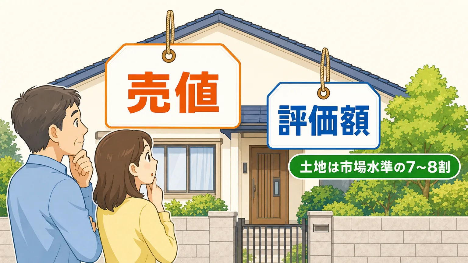 売値と評価額の違いを2枚の値札で対比する図解。評価額は土地なら市場水準の7〜8割