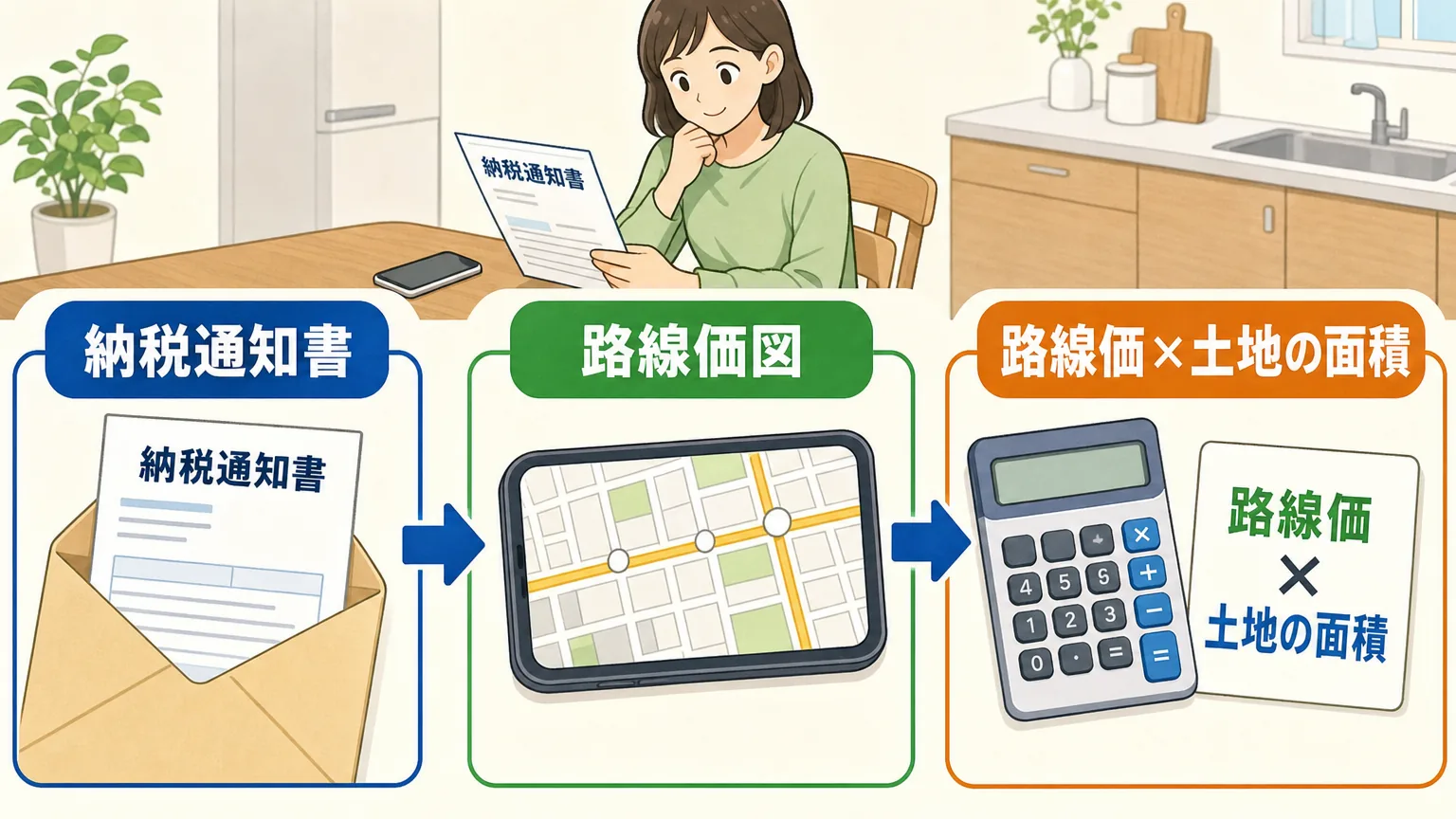 実家の評価額を調べる手順の図解。納税通知書と路線価図を確認し、路線価×土地の面積で計算する