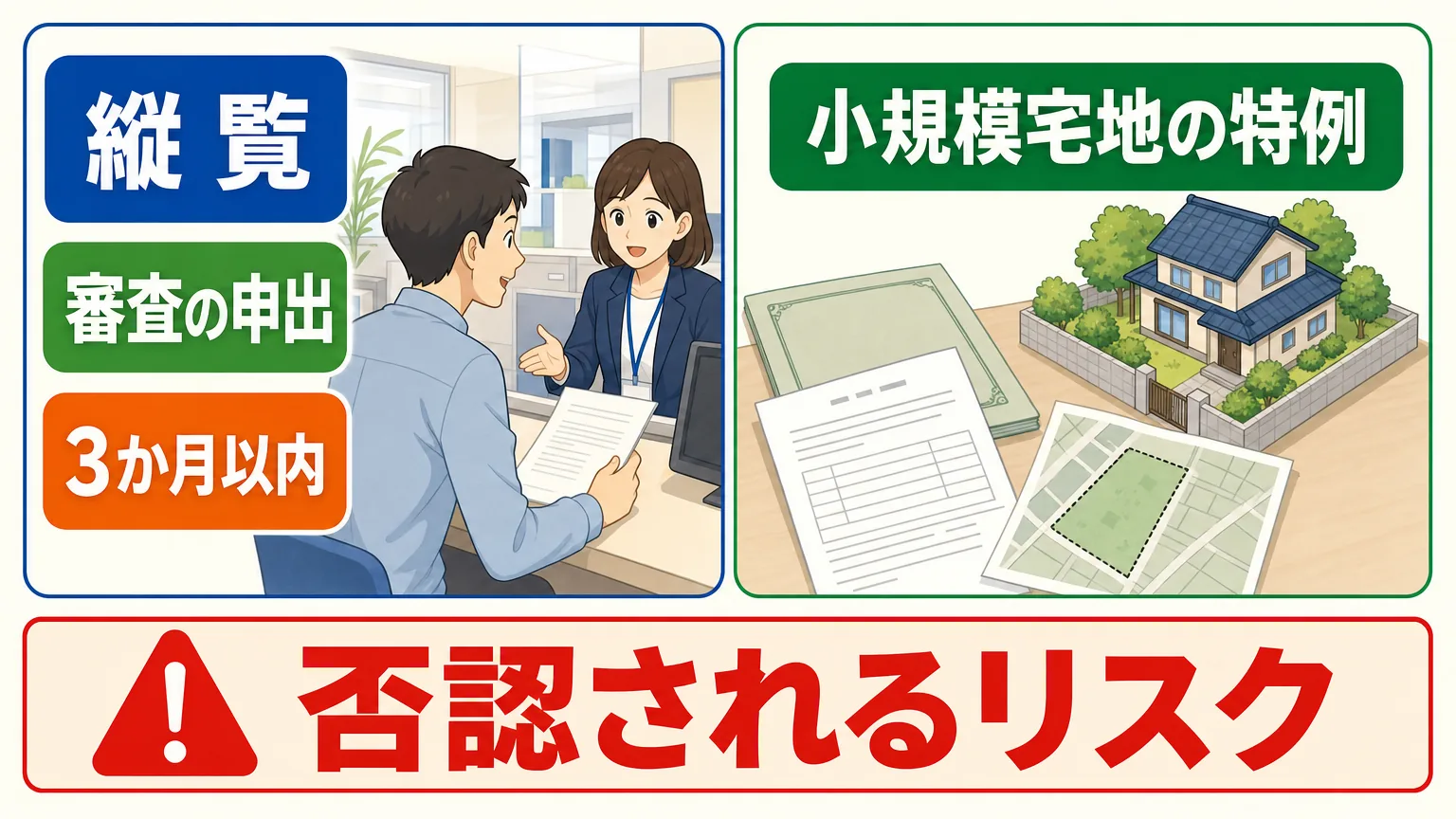 評価額が高すぎるときの対処の図解。縦覧で近隣と比較、審査の申出は3か月以内、小規模宅地の特例、行きすぎた圧縮は否認されるリスク