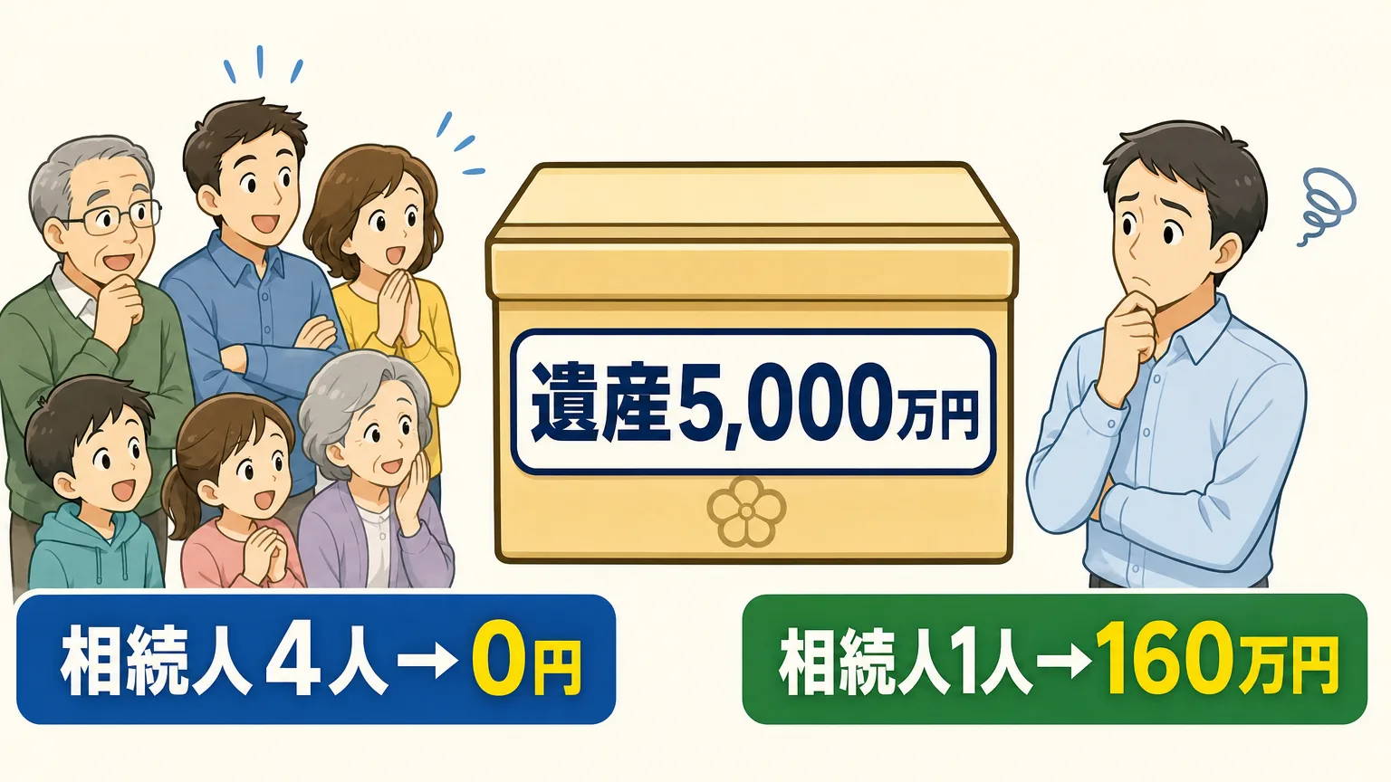 同じ遺産5,000万円でも相続人が多いと0円、相続人が1人だと約160万円になることを示す対比図