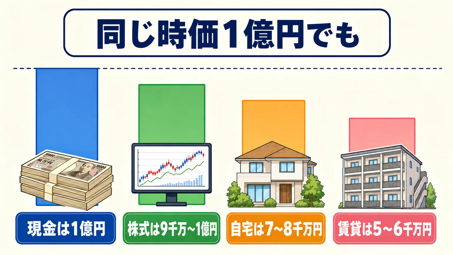 同じ時価1億円でも相続税評価額は現金1億円、上場株式9千万〜1億円、自宅7〜8千万円、賃貸5〜6千万円と下がっていく棒の対比図