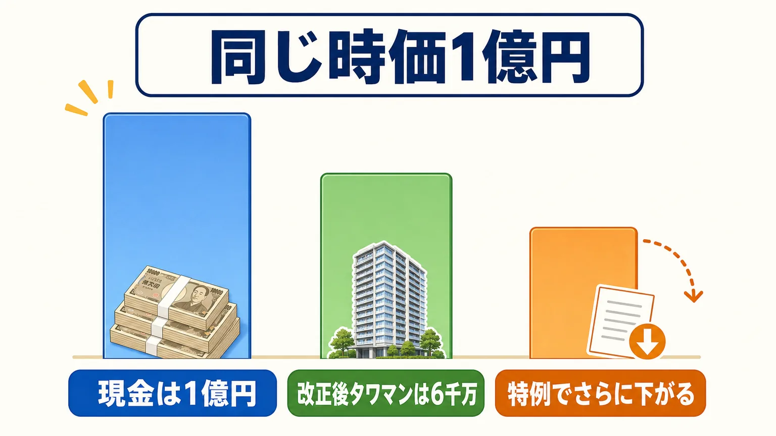 同じ時価1億円でも、現金は1億円、改正後のタワマンは約6千万円、さらに小規模宅地の特例が使えるともっと下がることを示す棒の対比図