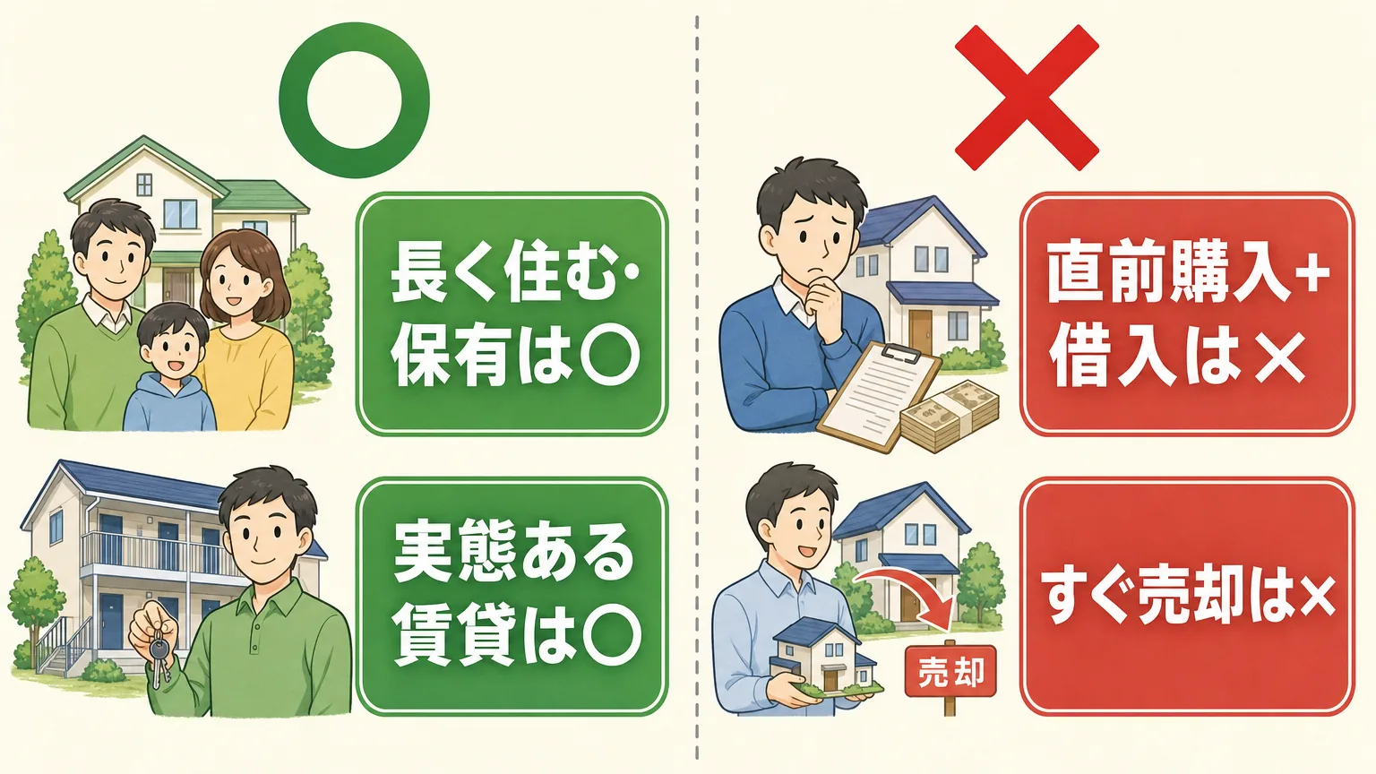 長く住む・実態のある賃貸は否認リスクが低く○、亡くなる直前の購入や多額の借入・相続後すぐの売却は否認リスクが高く×という○×判定図