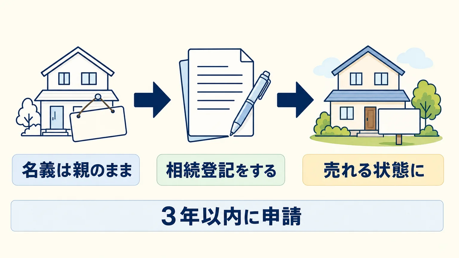 相続した家は名義が親のままでは売れず、相続登記をして名義を相続人へ変えることで売れる状態になる流れ図。申請は3年以内が義務