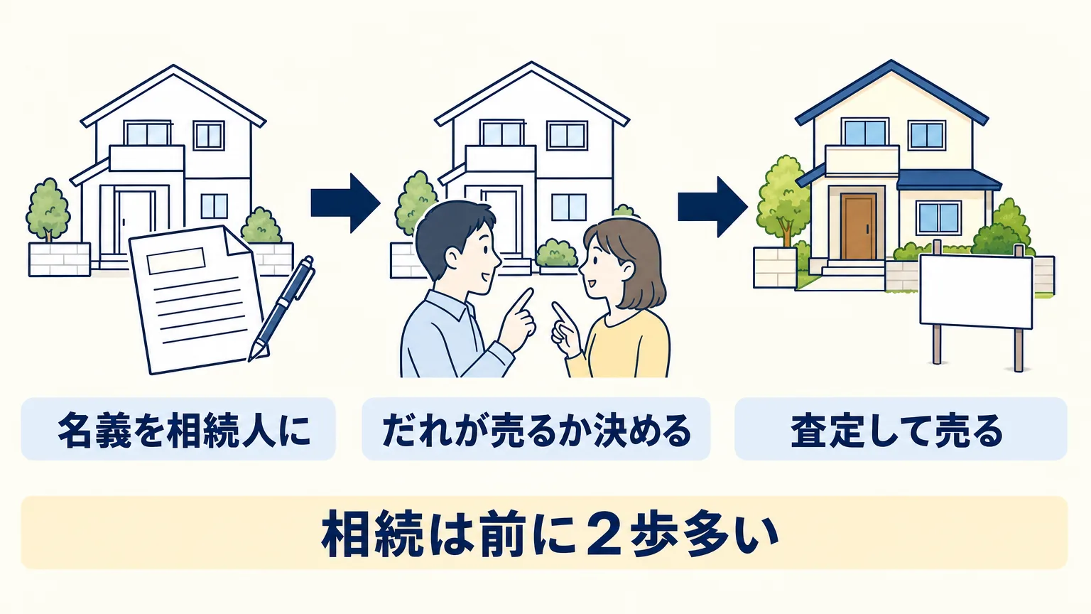 相続した不動産を売る流れの図。名義を相続人に変える、だれが売るかを決める、査定して売って引き渡すの順で、最初の2つは相続だけの手続きであることを示す