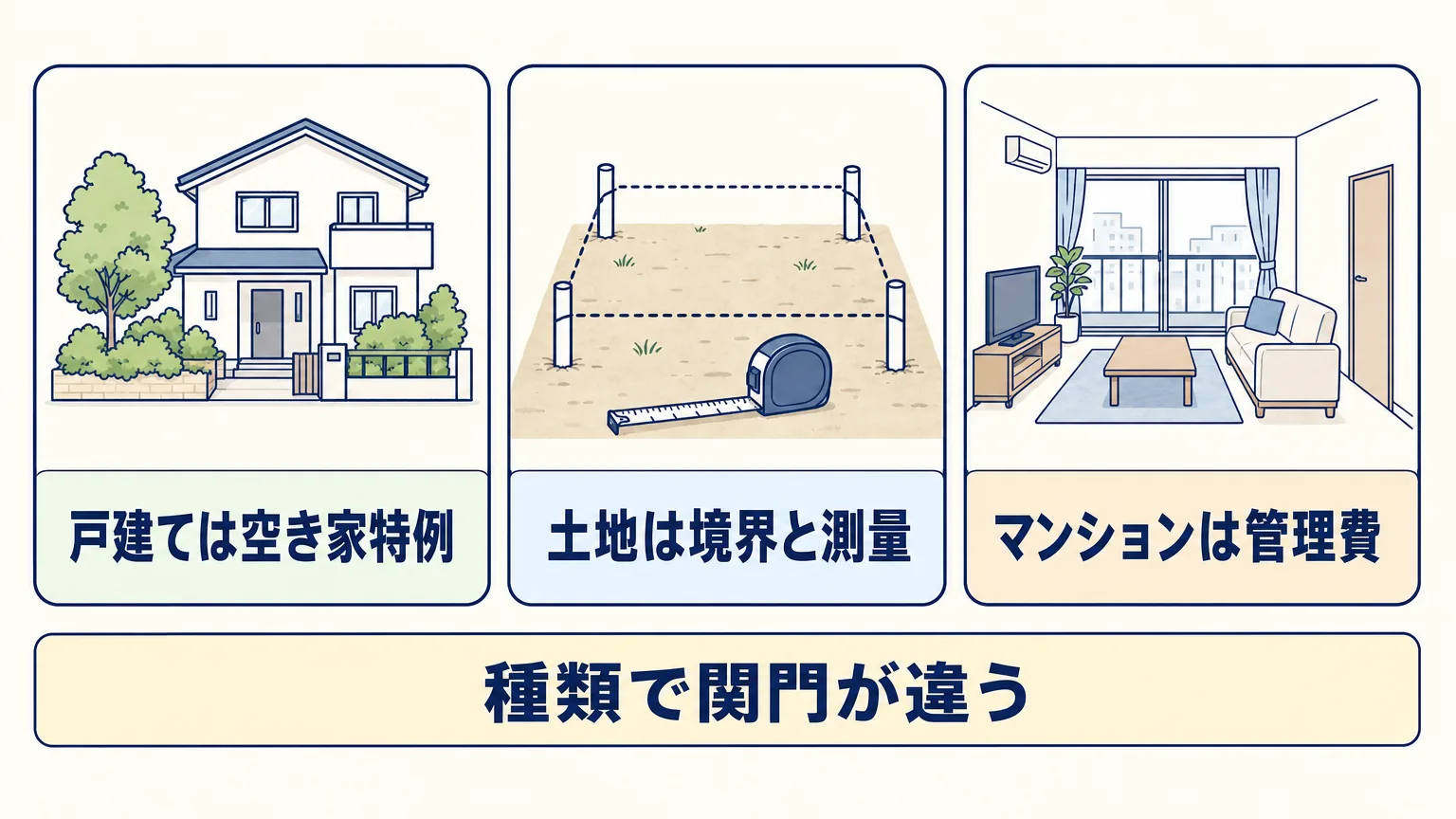 実家の戸建て・土地・区分マンションで売却の注意点が違うことを示すパネル図。戸建ては空き家特例、土地は境界と測量、マンションは管理費の精算が論点になる