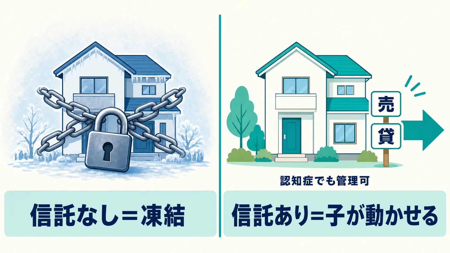 親が認知症になったときの実家の扱いを対比した図。信託がないと本人名義の実家は売却も賃貸もできず凍結するが、家族信託を結んでおけば受託者の子が実家を売却・賃貸できることを示す