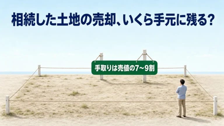 ロープと境界杭で囲われた更地に、手取りの目安を書いた札が下がるイラスト。相続した土地を売ったとき手元にいくら残るかを示すアイキャッチ