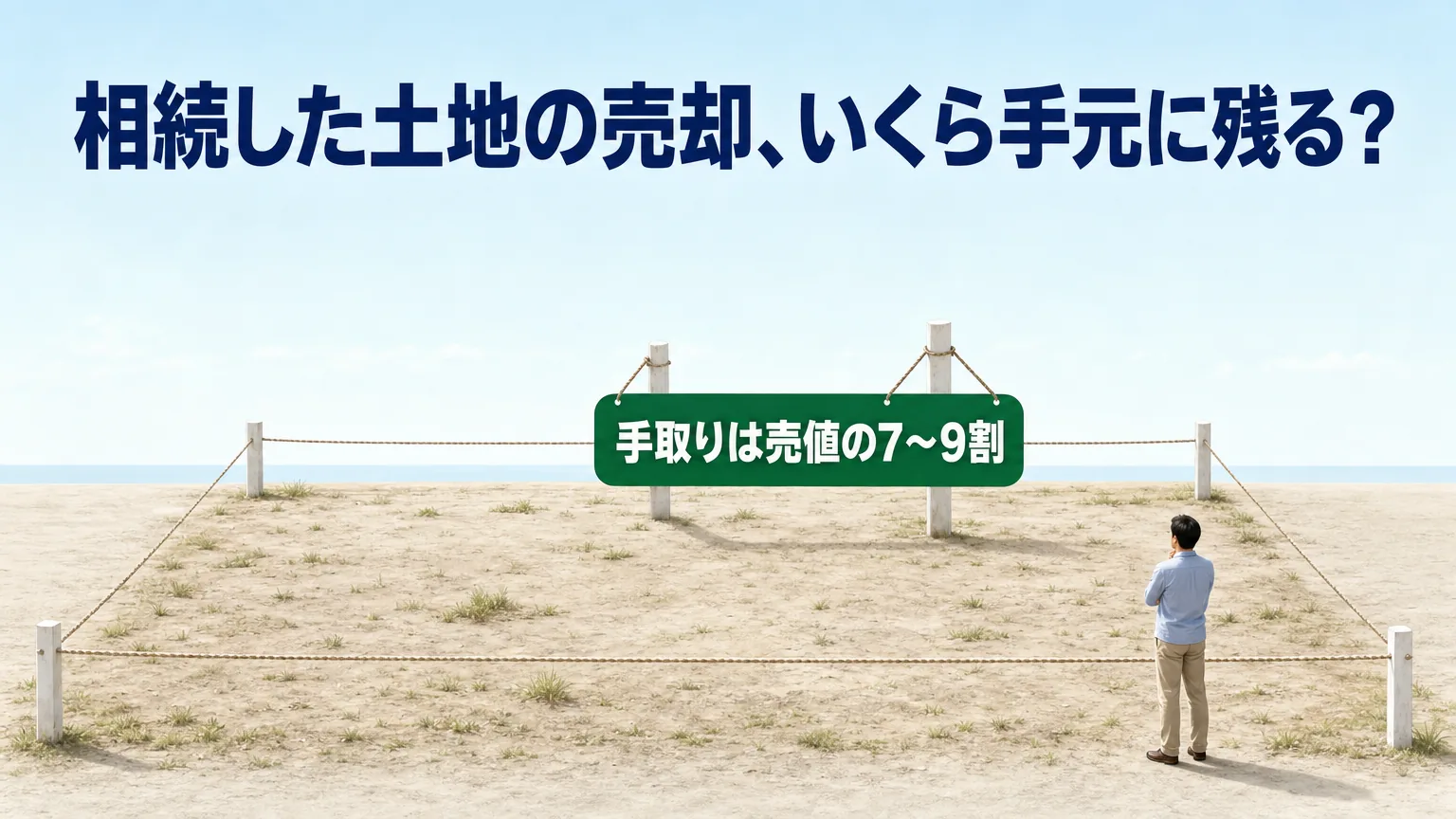 ロープと境界杭で囲われた更地に、手取りの目安を書いた札が下がるイラスト。相続した土地を売ったとき手元にいくら残るかを示すアイキャッチ