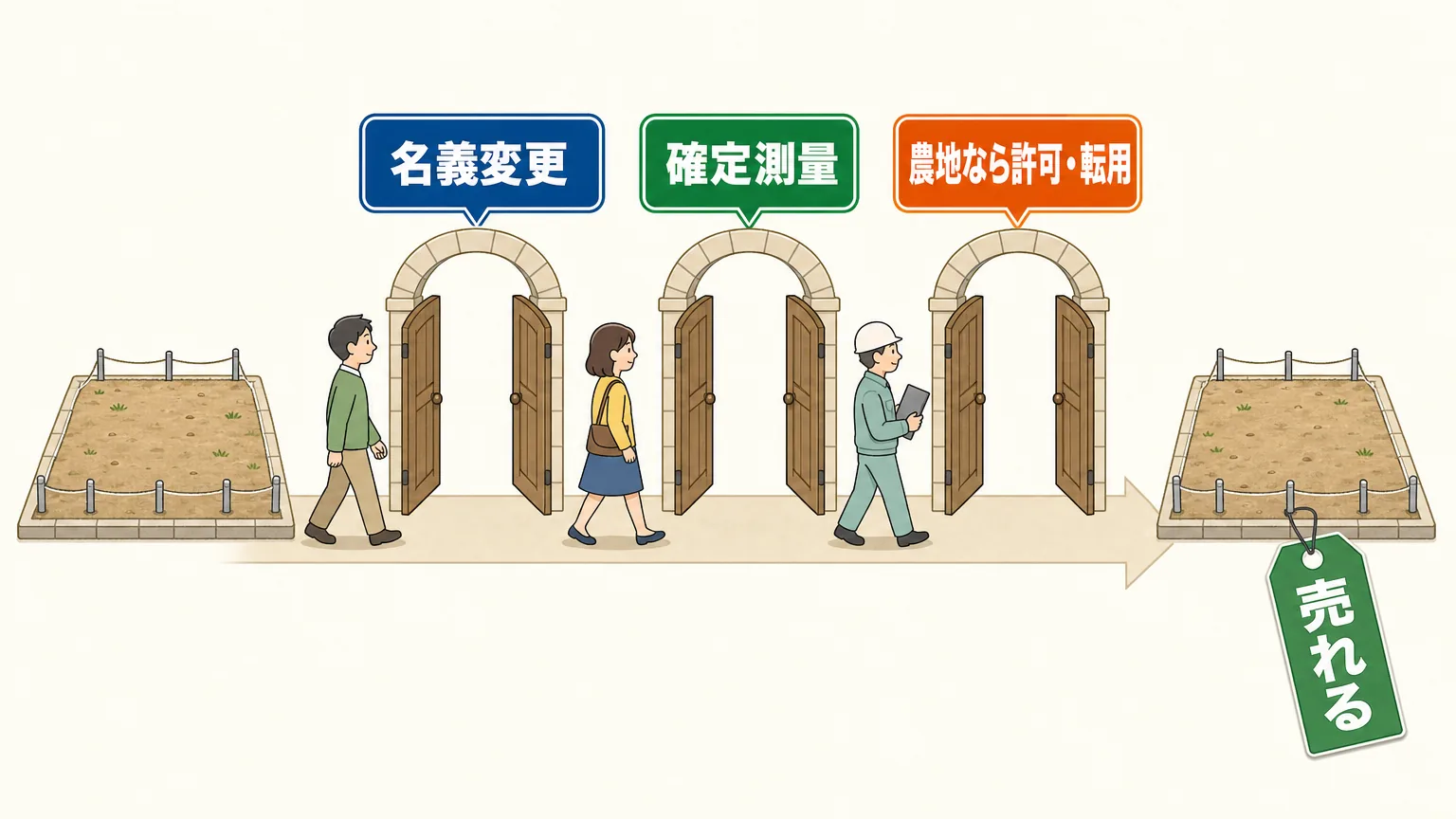 更地から3つの門をくぐって売れる状態にたどり着く図。名義変更・確定測量・農地の許可という3つの関門を順に越える必要があることを示す